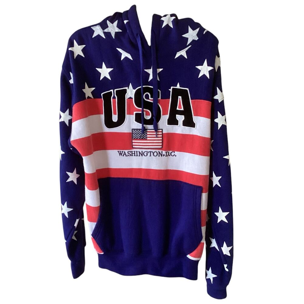 DC Patriotic Graphic American Hooded Sweatshirt Unisex Size L Stars and Stripes